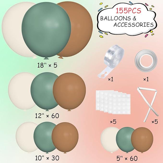 155pcs Sage Green Brown White Balloon Garland Kit for Jungle Safari Party Decor