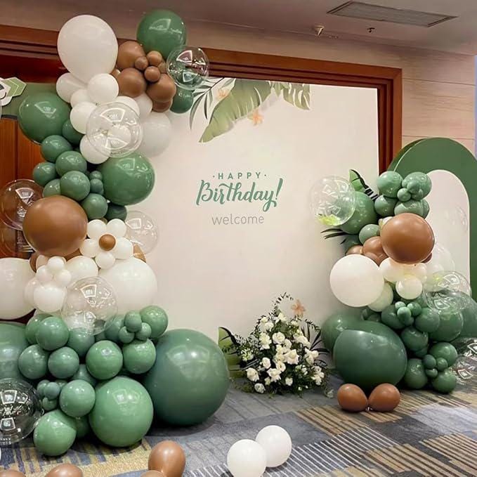 155pcs Sage Green Brown White Balloon Garland Kit for Jungle Safari Party Decor