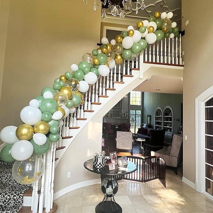 12 Inch Sage Green White Gold Balloons with Confetti for Party and Wedding Decor