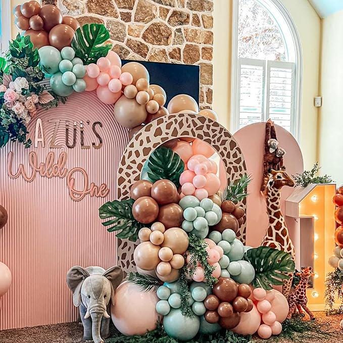 12" Sage Green Pink Brown Balloons for Wild One Safari Jungle Birthday Decor