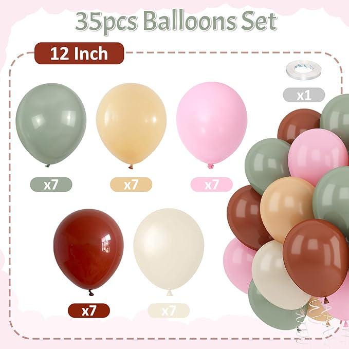 12" Sage Green Pink Brown Balloons for Wild One Safari Jungle Birthday Decor