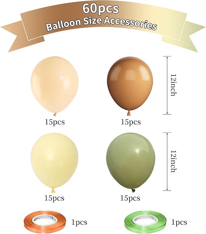 60pcs Green Brown Beige Yellow 12" Balloons for Jungle Safari Birthday Decorations