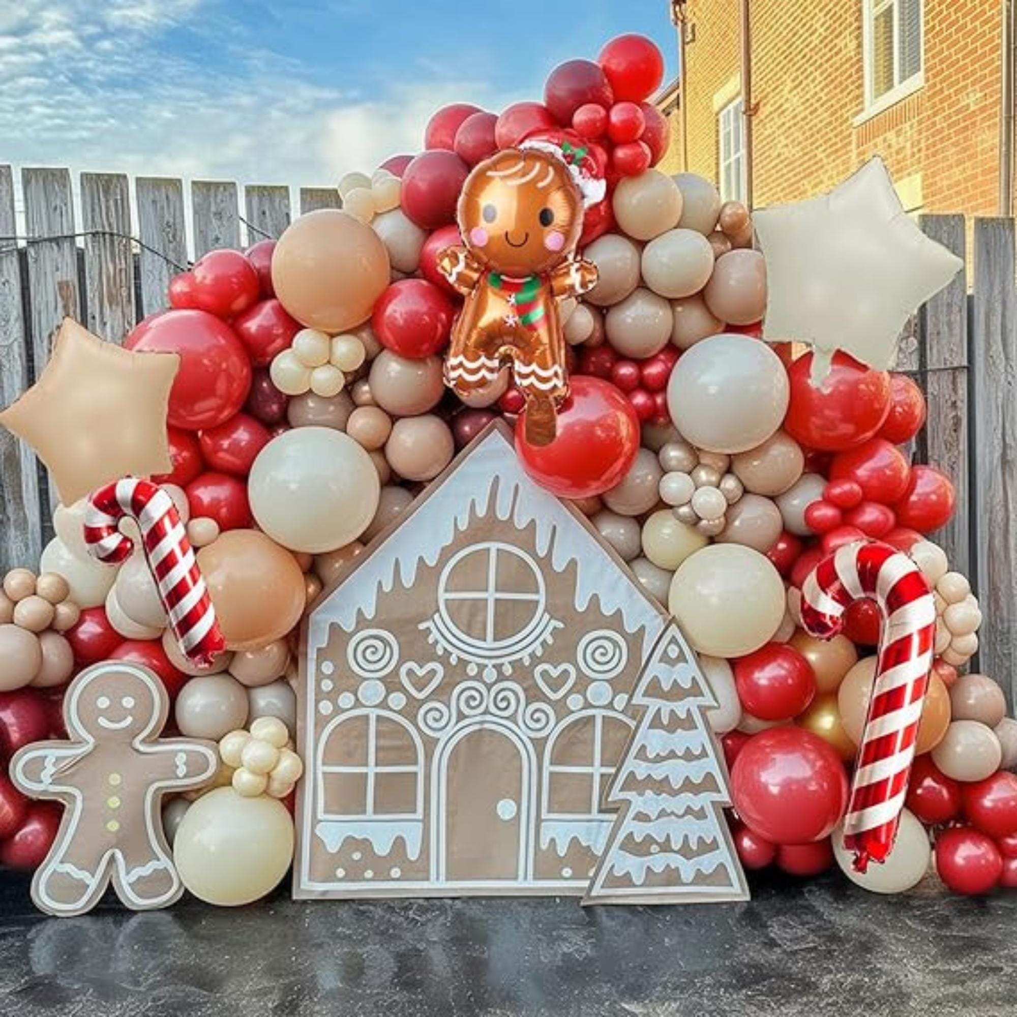Gingerbread Christmas Balloon Arch Kit Red Brown White Balloons with Star and Candy Cane