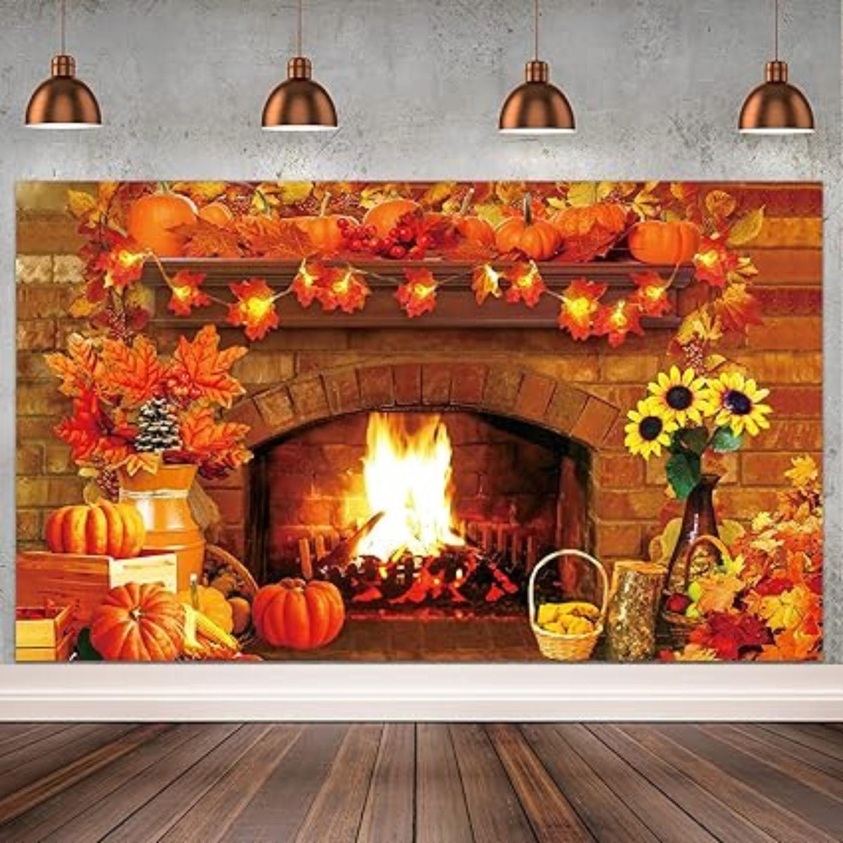Thanksgiving Fireplace Backdrop Fall Pumpkin Maple Leaf Sunflower Party Decor