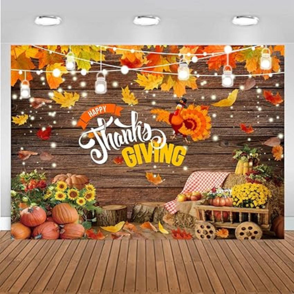 7x5FT Thanksgiving Backdrop Fall Harvest Pumpkin Scarecrow Wooden Party Decor