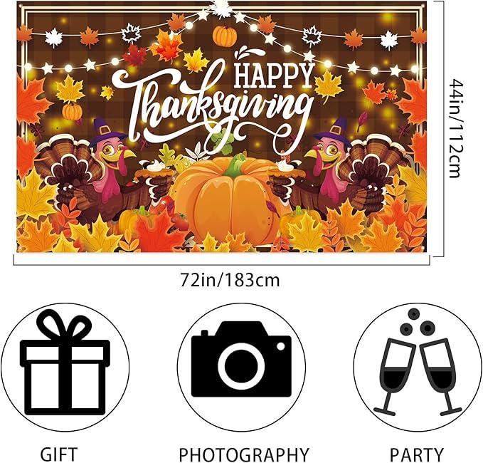 Large Thanksgiving Banner Turkey Pumpkin Maple Leaf Backdrop Party Photo Decor