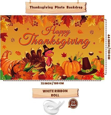 Happy Thanksgiving Photo Backdrop Fall Maple Leaves Turkey Pumpkin Party Banner