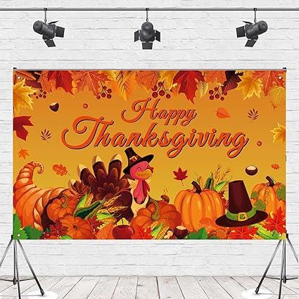 Happy Thanksgiving Photo Backdrop Fall Maple Leaves Turkey Pumpkin Party Banner