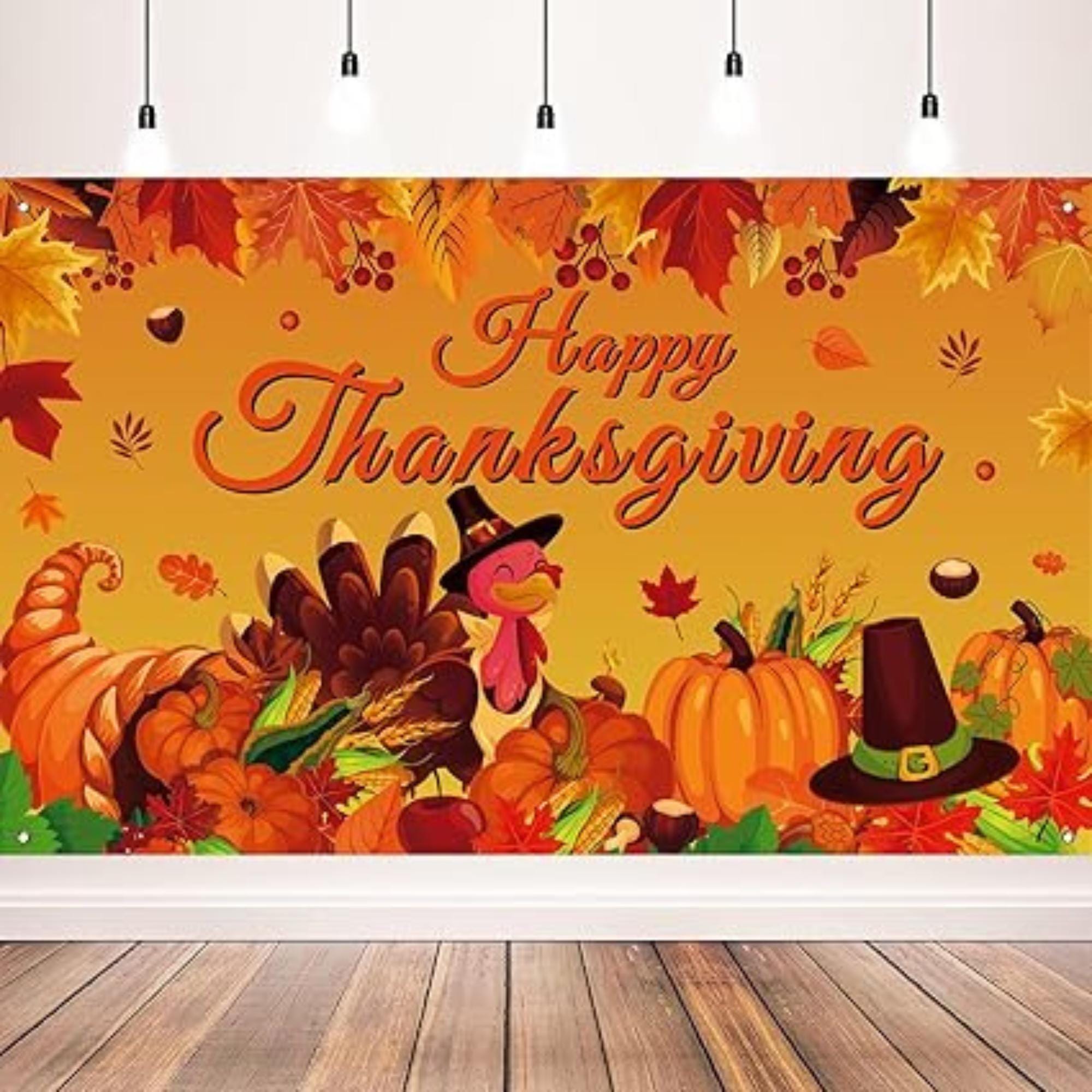Happy Thanksgiving Photo Backdrop Fall Maple Leaves Turkey Pumpkin Party Banner