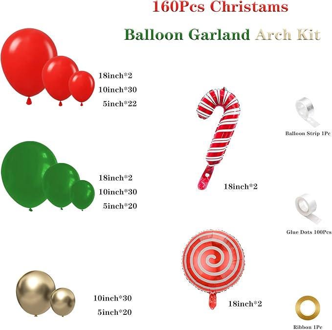 160PCS Christmas Balloon Garland Kit Dusty Green Red Gold Balloons for Holiday Decor