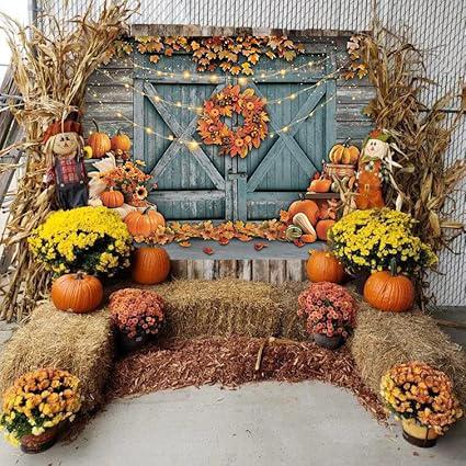 Fall Thanksgiving Backdrop Rustic Barn Pumpkin Harvest Maple Leaves Friendsgiving Party Photo Props