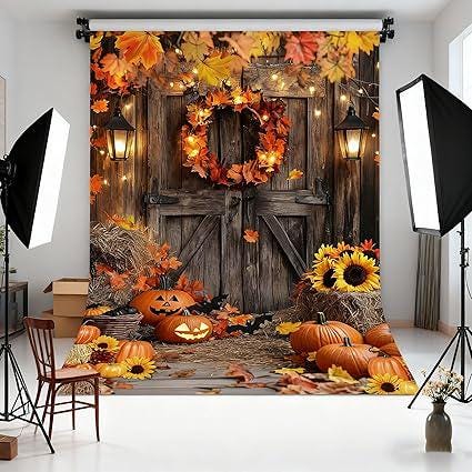 Fall Photography Backdrop Rustic Wooden Door Pumpkin Autumn Halloween Thanksgiving Farm Banner