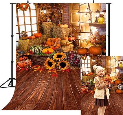 5x7ft Fall Thanksgiving Backdrop Pumpkin Wooden Floor Barn Maple Leaves Sunflower Photo Background
