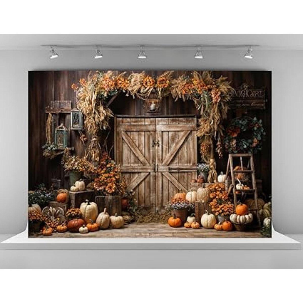 7x5ft Thanksgiving Backdrop Pumpkins Yellow Flowers Rustic Wood Door Autumn Party Photo Background