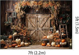 7x5ft Thanksgiving Backdrop Pumpkins Yellow Flowers Rustic Wood Door Autumn Party Photo Background