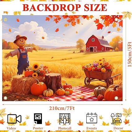 7x5ft Fall Thanksgiving Backdrop Scarecrow Harvest Hay Pumpkins Autumn Party Photo Background