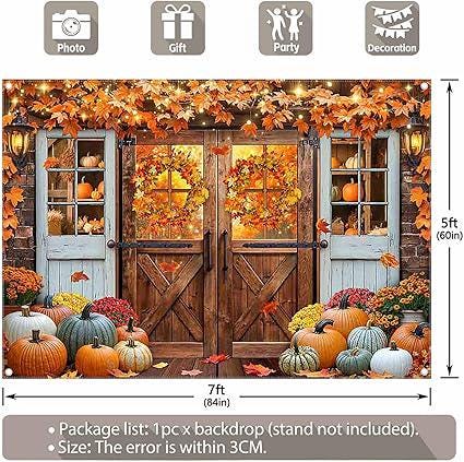 7x5ft Autumn Fall Backdrop Rustic Barn Door Pumpkins Maple Leaves Thanksgiving Party Banner