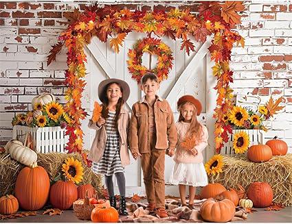 7x5ft Fall Thanksgiving Backdrop Rustic Barn Door Pumpkin Maple Wreath Haystack Sunflower