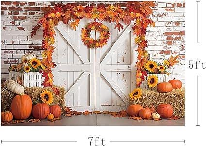 7x5ft Fall Thanksgiving Backdrop Rustic Barn Door Pumpkin Maple Wreath Haystack Sunflower