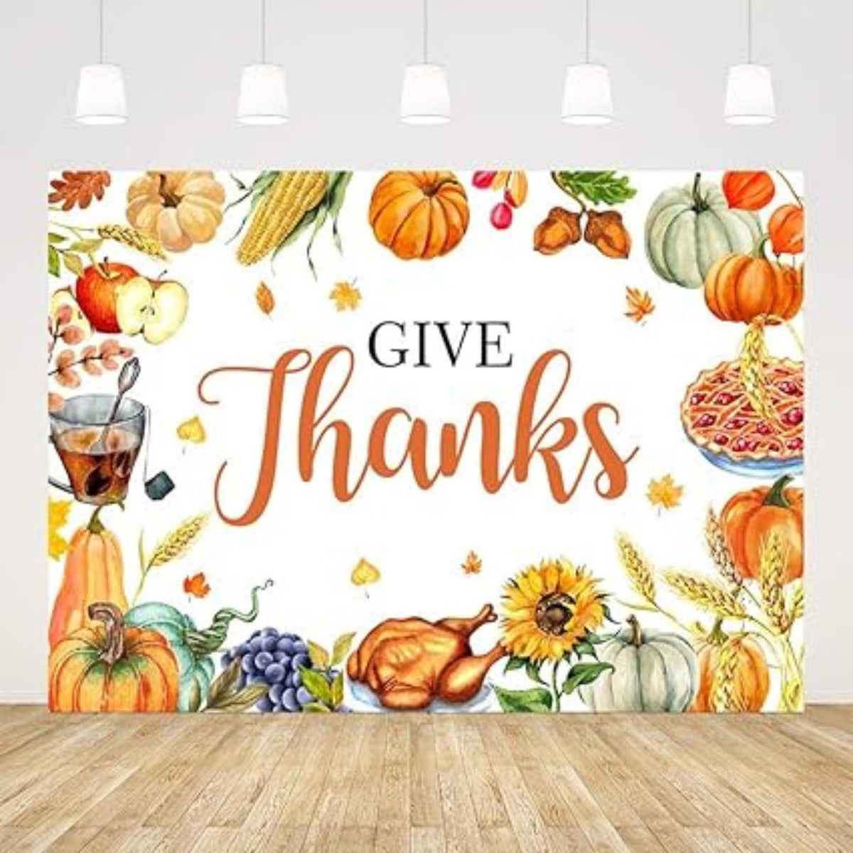 7x5ft Give Thanks Backdrop Fall Harvest Thanksgiving Pumpkins Fruits Turkey Photo Banner