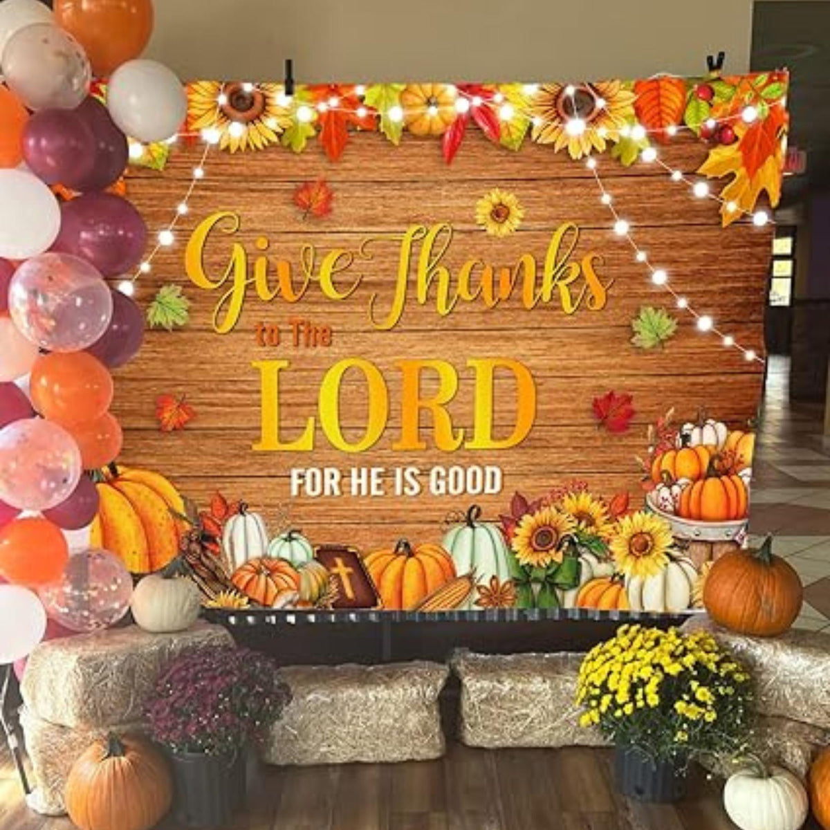 Give Thanks to The Lord Christian Thanksgiving Backdrop Autumn Pumpkins Leaves Decor