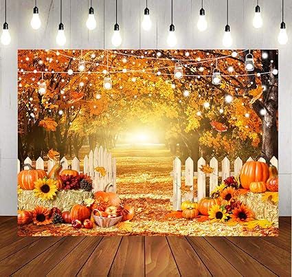 7x5ft Fall Thanksgiving Photo Backdrop Autumn Forest Scene with Pumpkins