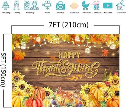 7x5ft Happy Thanksgiving Backdrop Maple Leaves Pumpkin Turkey Autumn Harvest Party Banner