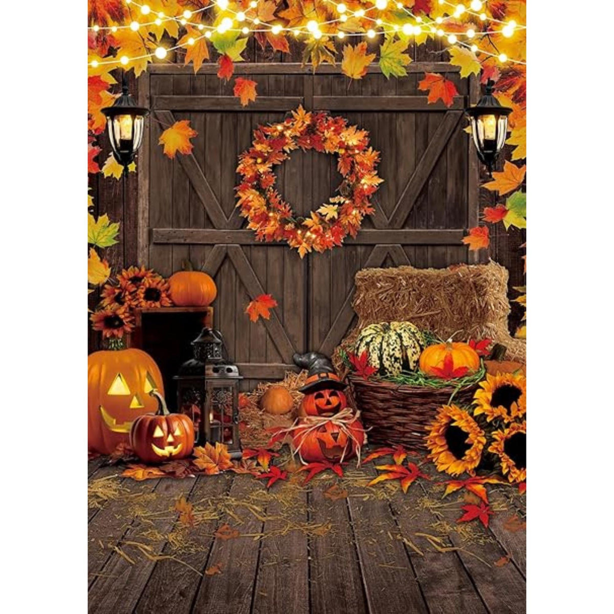 5x7ft Fall Thanksgiving Backdrop Autumn Harvest Maple Leaf Pumpkin Rustic Barn Door Banner