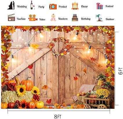 8x6ft Thanksgiving Photography Backdrop Autumn Harvest Barn Door Pumpkin Maple Leaves Banner
