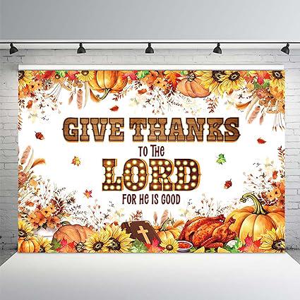 Thanksgiving Christian Backdrop Give Thanks to The Lord Autumn Pumpkins Sunflowers Banner