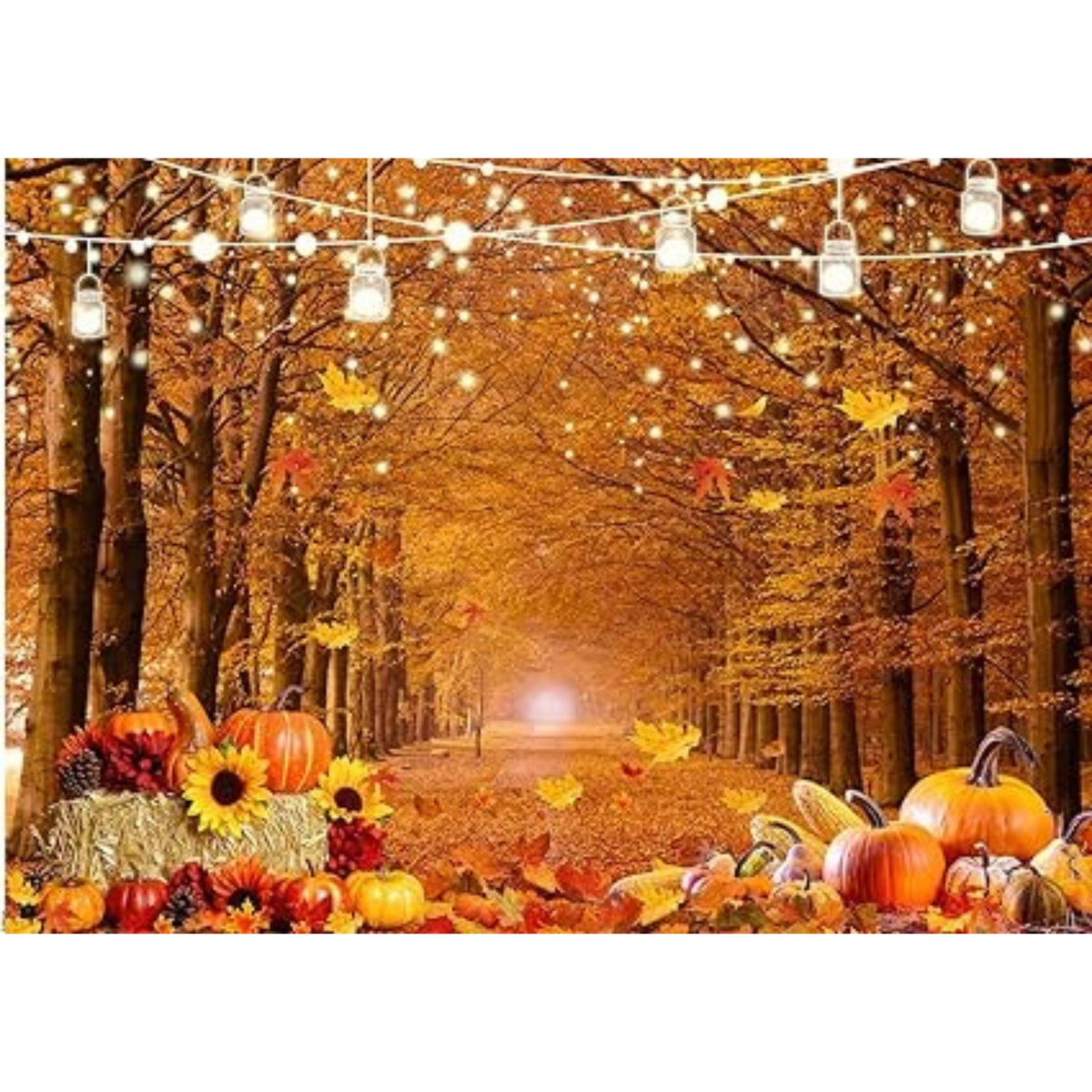 7x5ft Fall Thanksgiving Pumpkin Backdrop Autumn Forest Path Hay Corn Leaves String Lights Banner
