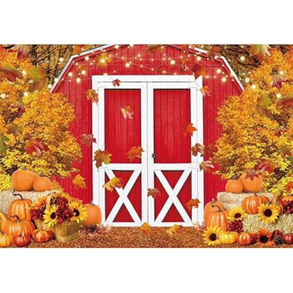 7x5ft Polyester Fall Harvest Red Farm Backdrop Autumn Pumpkin Maple Leaves Thanksgiving Party Banner