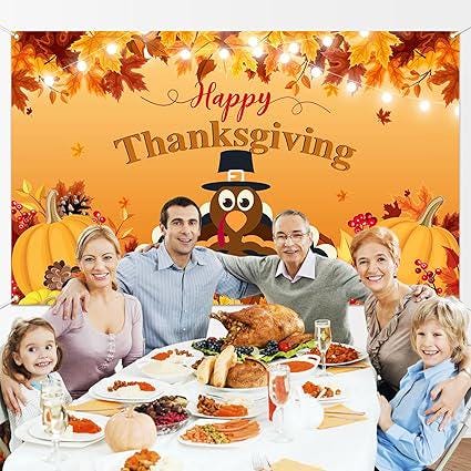 Happy Thanksgiving Banner Friendsgiving Turkey Harvest Autumn Maple Leaves Party Backdrop