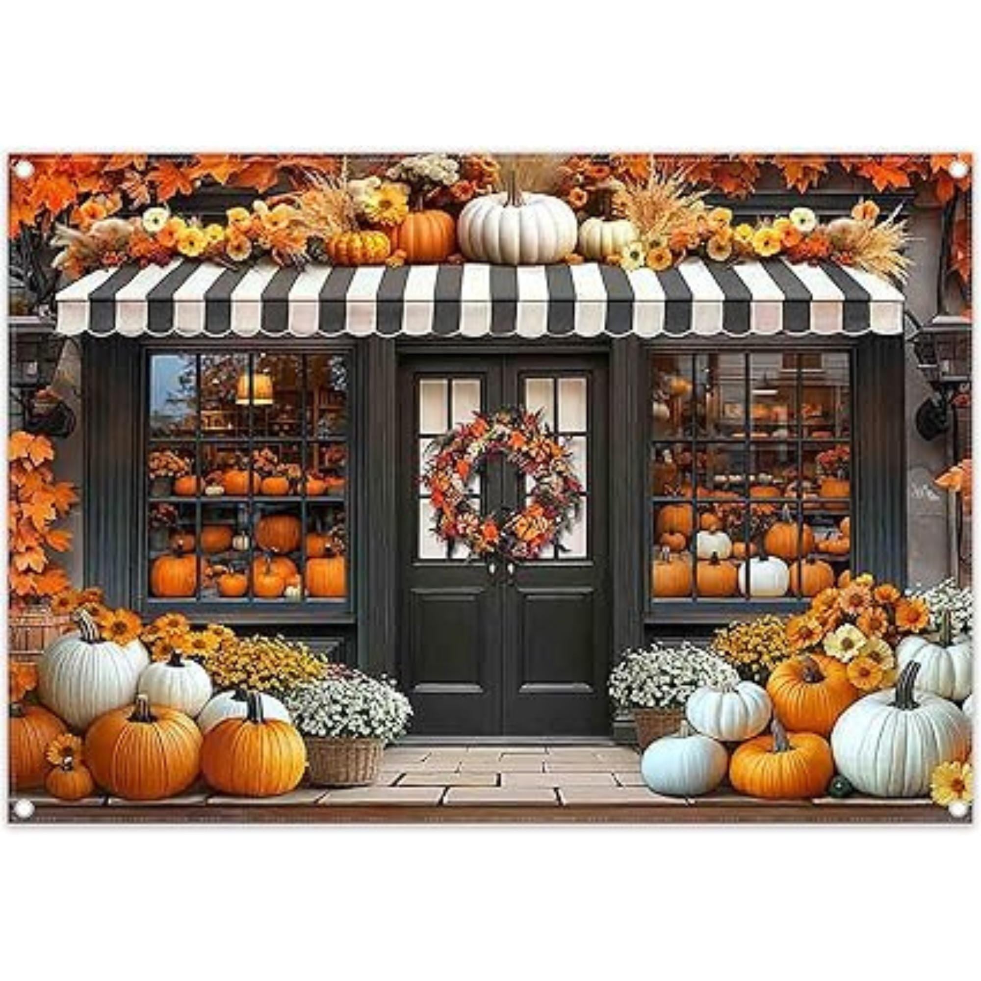 7x5ft Fall Pumpkin Shop Backdrop Rustic Autumn Maple Leaves Chrysanthemum Harvest Banner
