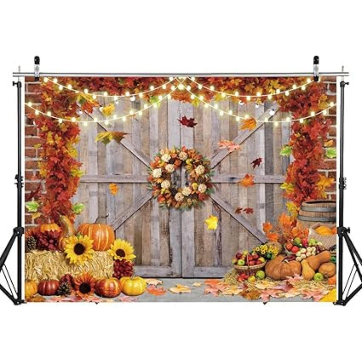 7x5ft Fall Thanksgiving Backdrop Pumpkin Harvest Barn Hay Maple Leaf Party