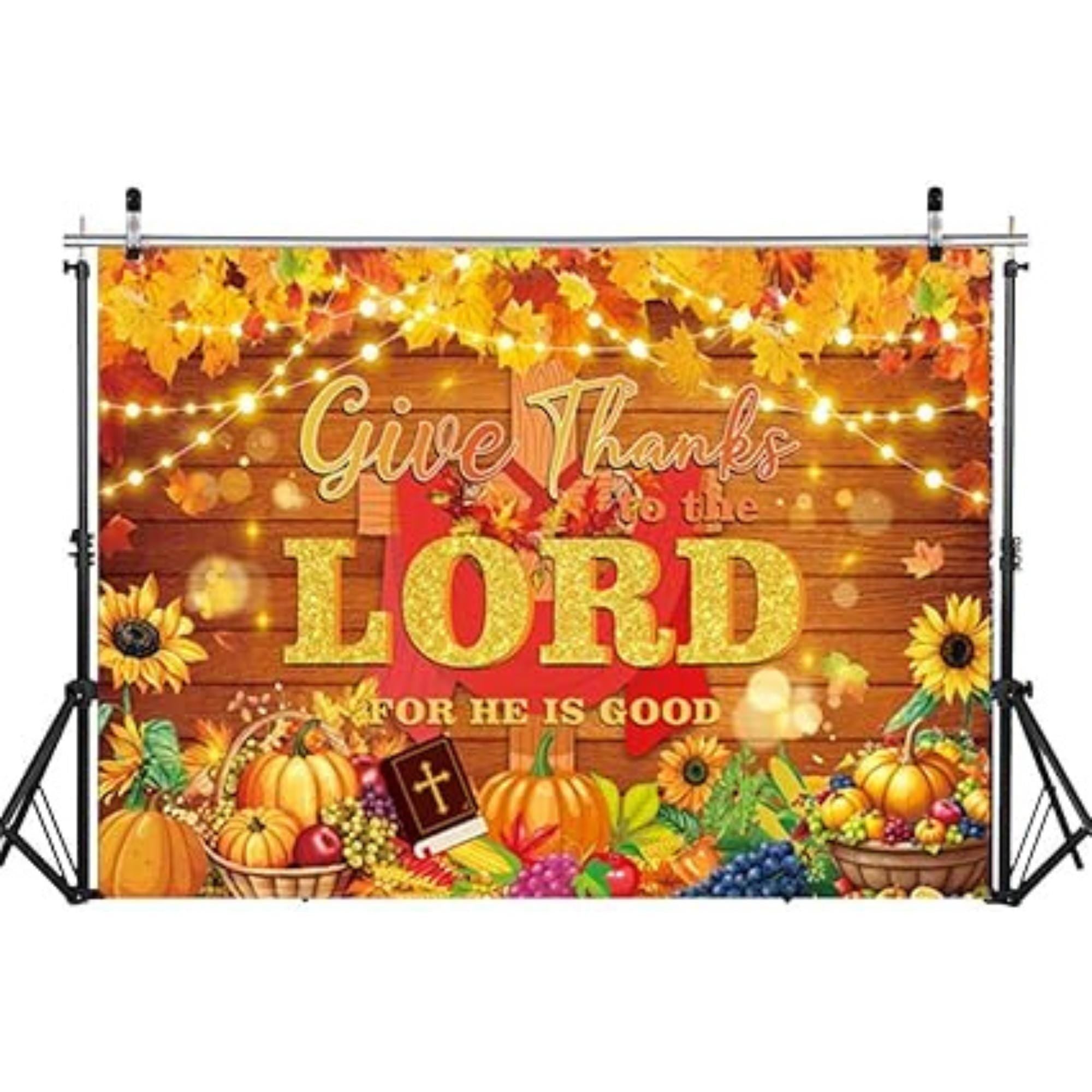 7x5ft Give Thanks to The Lord Backdrop Autumn Pumpkin Maple Leaves Christian Thanksgiving Banner