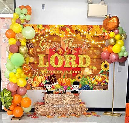 7x5ft Give Thanks to The Lord Backdrop Autumn Pumpkin Maple Leaves Christian Thanksgiving Banner
