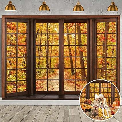 7x5ft Fall Wooden Window Backdrop Autumn Forest Maple Leaves Thanksgiving Photo Banner