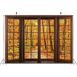 7x5ft Fall Wooden Window Backdrop Autumn Forest Maple Leaves Thanksgiving Photo Banner