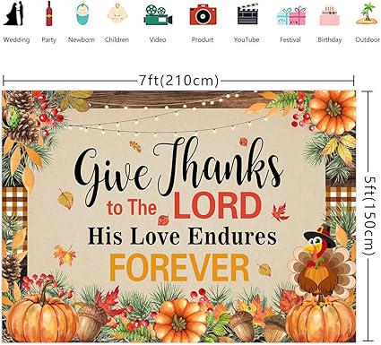 7x5ft Give Thanks to The Lord Backdrop Christian Thanksgiving Pumpkin Maple Leaf Banner