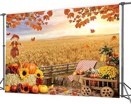 7x5ft Autumn Thanksgiving Backdrop Harvest Haystack Pumpkin Sunflower Maple Leaves Banner