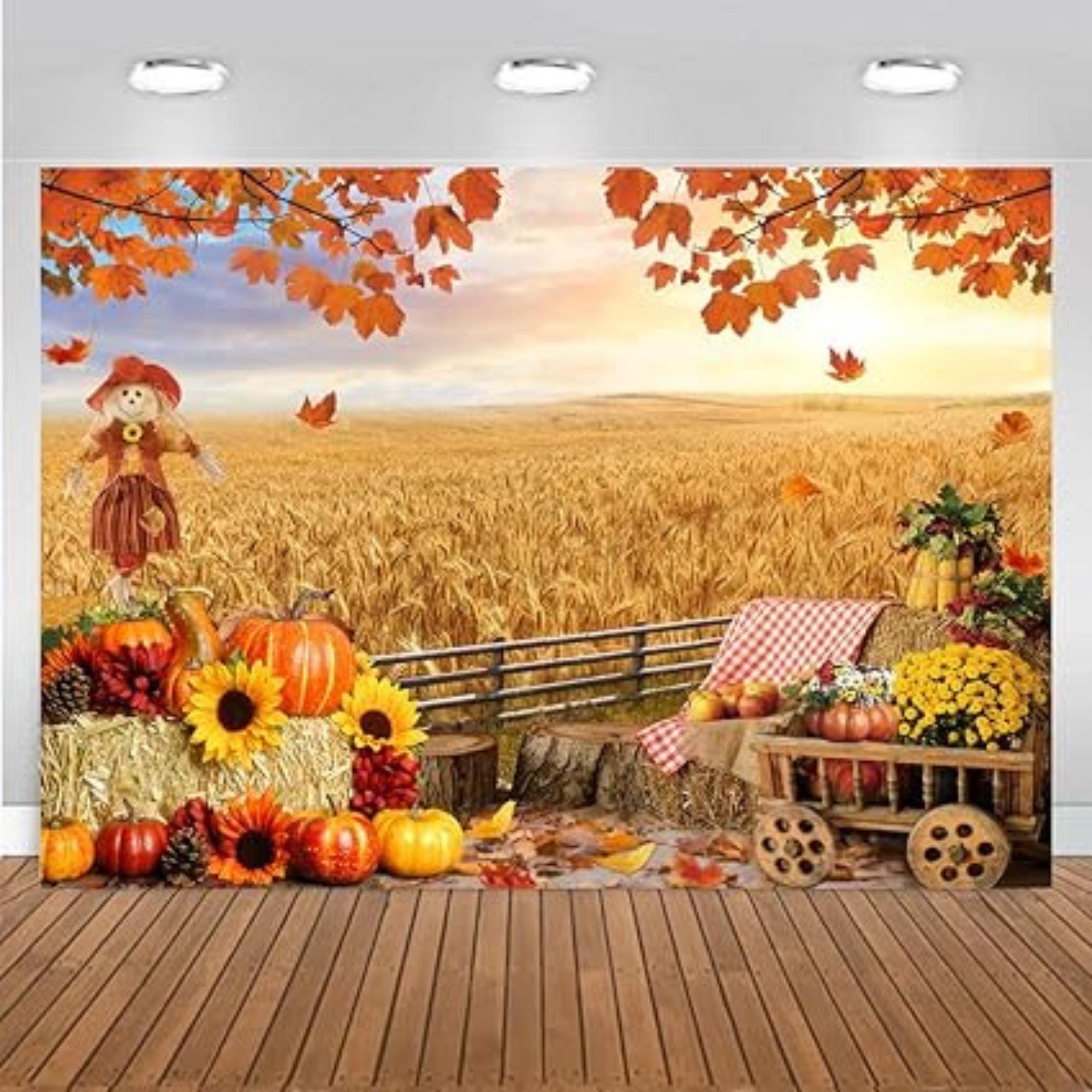 7x5ft Autumn Thanksgiving Backdrop Harvest Haystack Pumpkin Sunflower Maple Leaves Banner