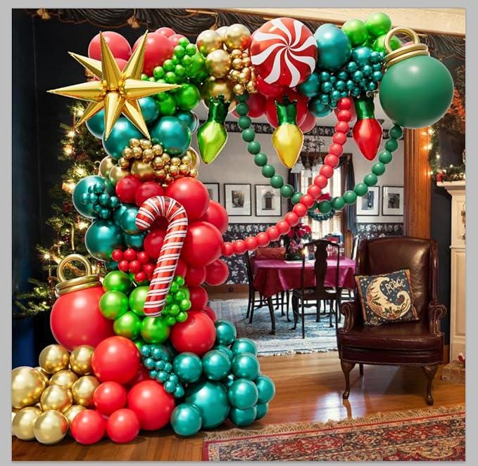 Christmas Balloon Arch Kit Red Gold Green Garland with Bulb and Candy Cane Balloons