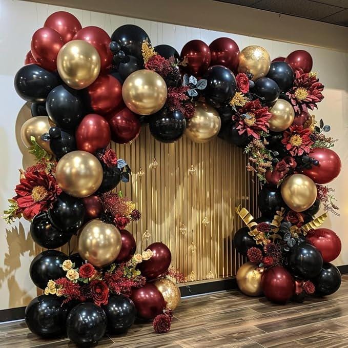 Burgundy Black Gold Balloon Arch Kit Double Stuffed Balloons for Party Decorations