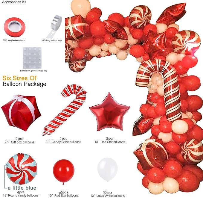 Christmas Balloon Arch Kit with Red White Balloons, Candy & Star Foil for Party