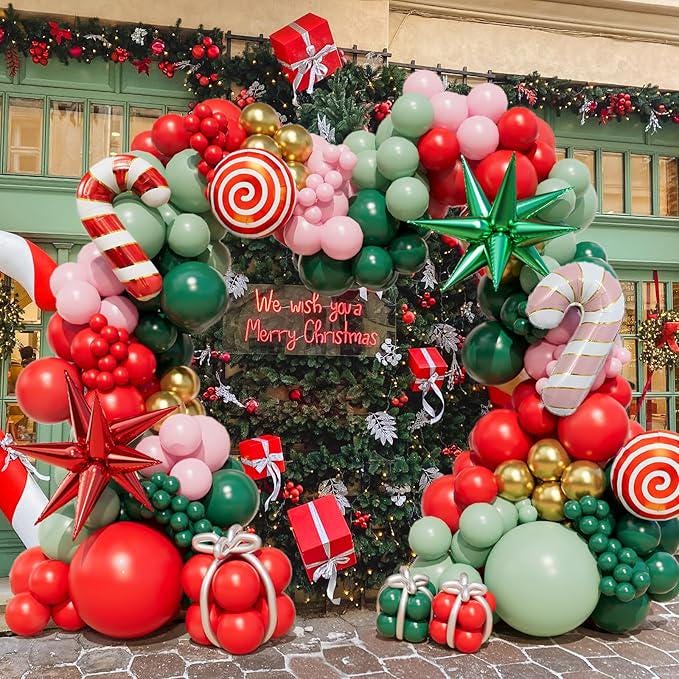 Christmas Balloon Garland Kit with Red Green Pink Gold Balloons for Party Decor