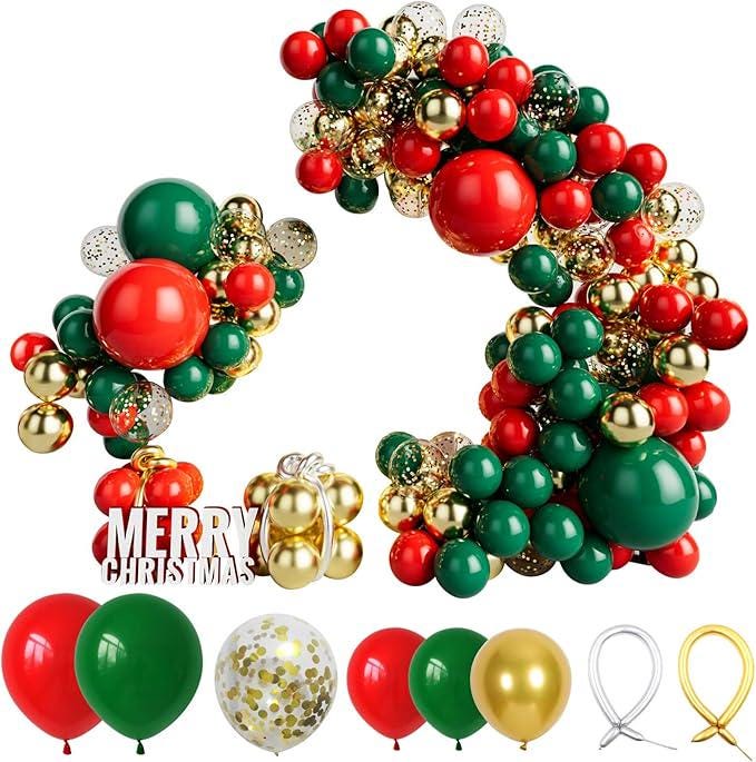 Red Green Gold Balloon Garland Kit with Confetti & Metallic Balloons for Party Decor