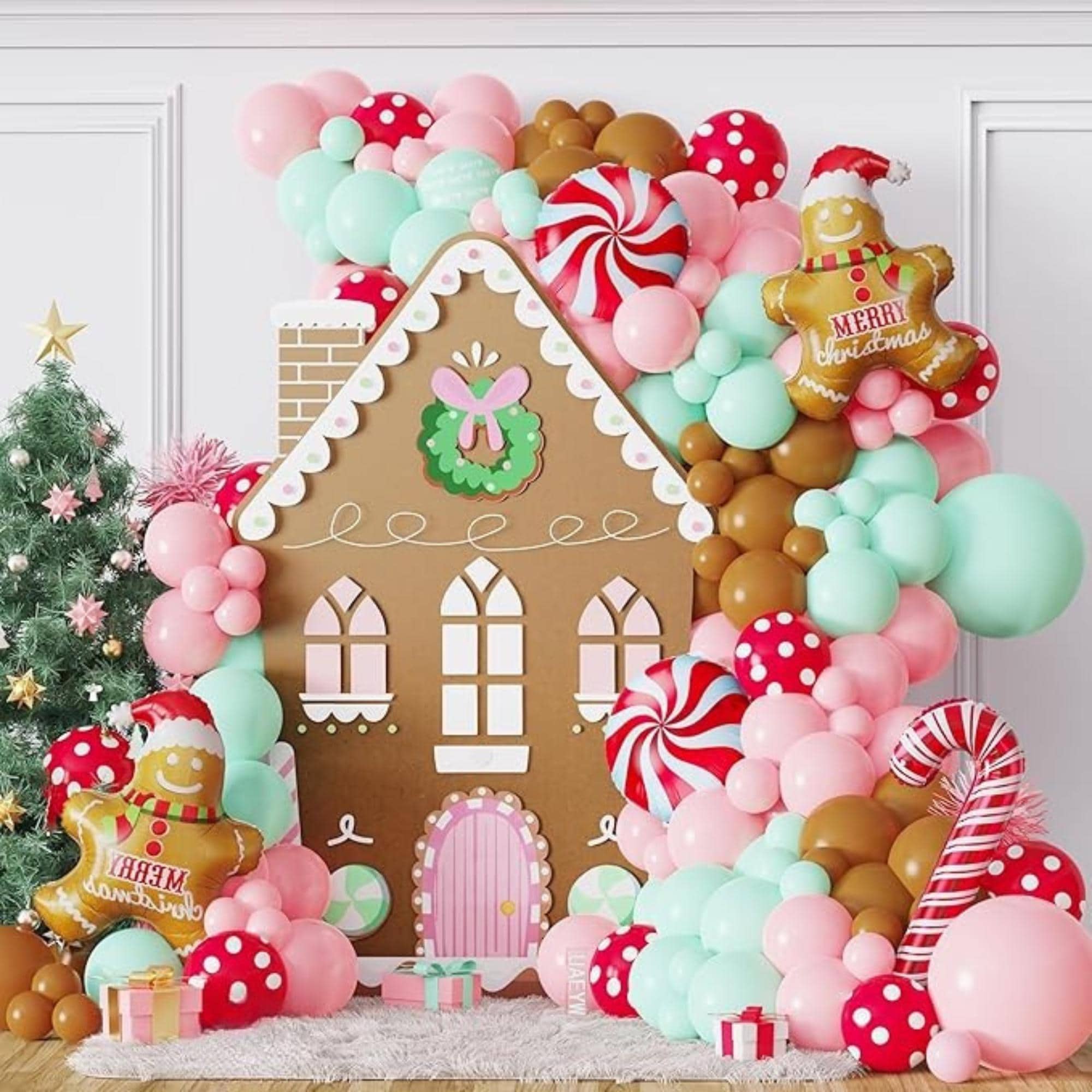 Gingerbread Balloon Arch Kit 139pcs Pastel Pink Green for Christmas & New Year Party
