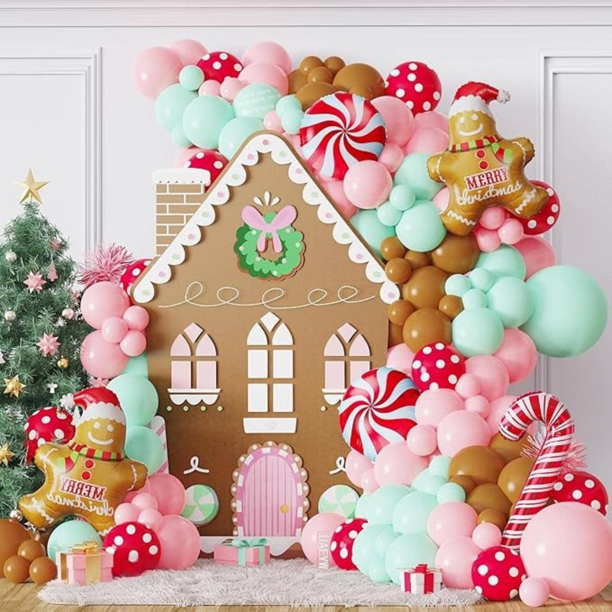 Gingerbread Balloon Arch Kit 139pcs Pastel Pink Green for Christmas & New Year Party