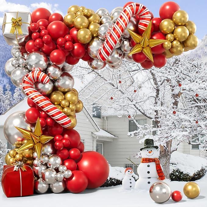 Christmas Balloon Arch Kit with Red Gold Silver & Candy Cane Star Balloons for Party